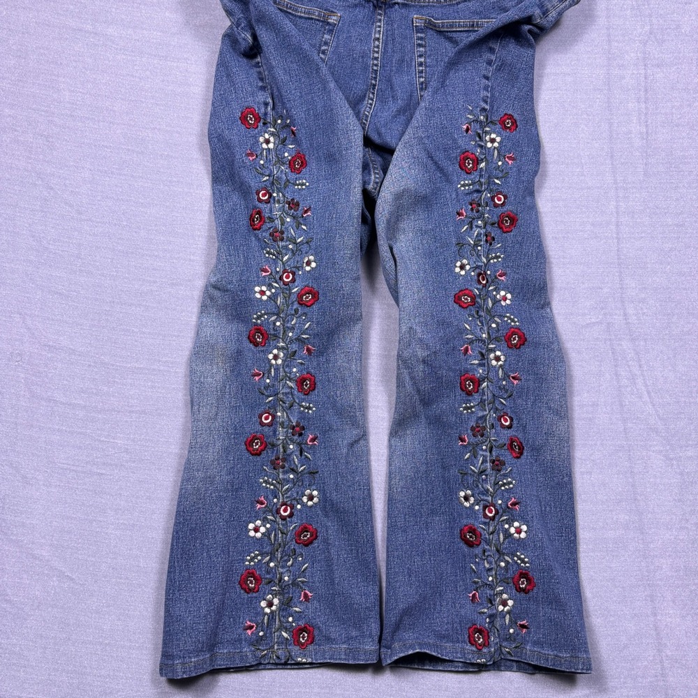 Route 66 Stretch Women's 18W Blue Denim Embroidered Floral Flare Jeans - Picture 5 of 12